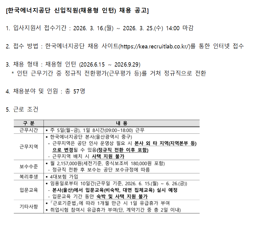 [한국에너지공단 신입직원(채용형 인턴) 채용 공고]
